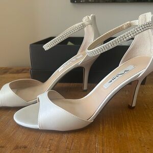 Nina White Strappy Heels with Rhinestone Embellishments